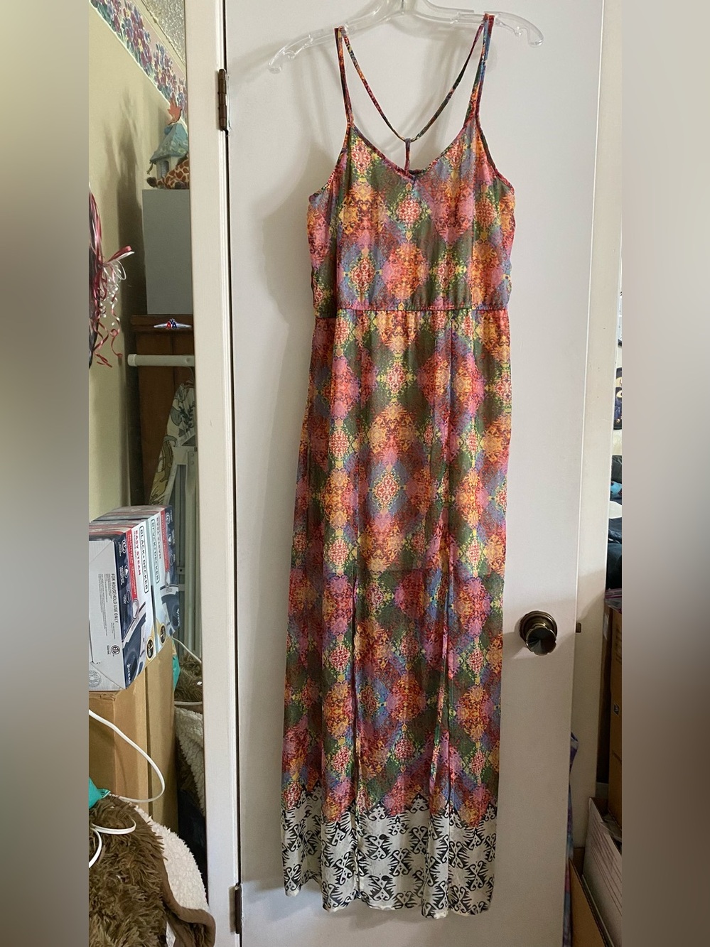 Forever 21 Multicolor Diamond-Print Maxi Dress with Spaghetti Straps under slip